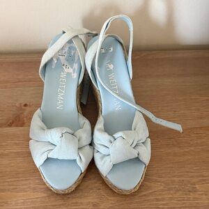 Stuart Weitzman Pale Blue Knotted Espadrille Wedge Sandals